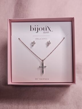 Bijoux Bar Rose Gold Cross Pendant Necklace and Stud Earrings Set